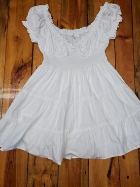 MABLE White Puff Sleeve Smocked Mini Dress Size L | Cottagecore Coquette